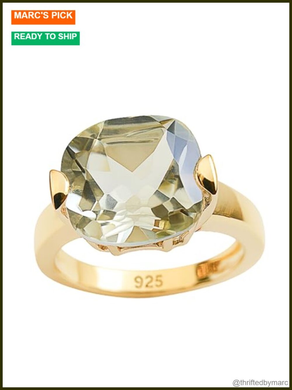 Green Amethyst Cushion Cut Statement Ring 925 Sterling Silver Gold Plated